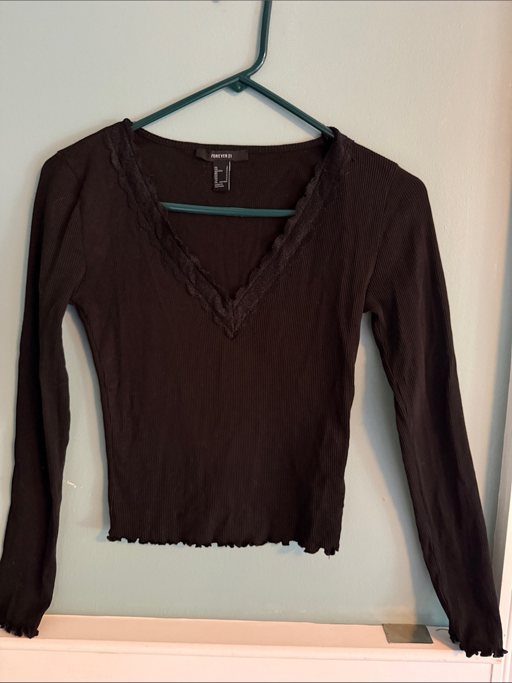 Forever 21 Black Ribbed V-Neck Long Sleeve Top with Lace Trim